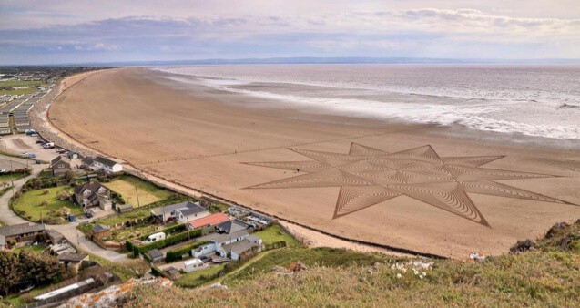Drone photo of Brean beach with art in the sands
